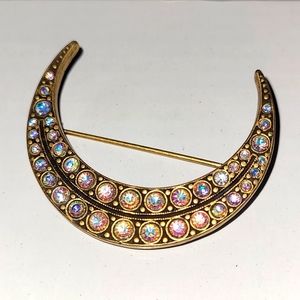 Signed Kirks Folly Gold Tone Crescent Moon Brooch Aurora Borealis Rhinestones 2"